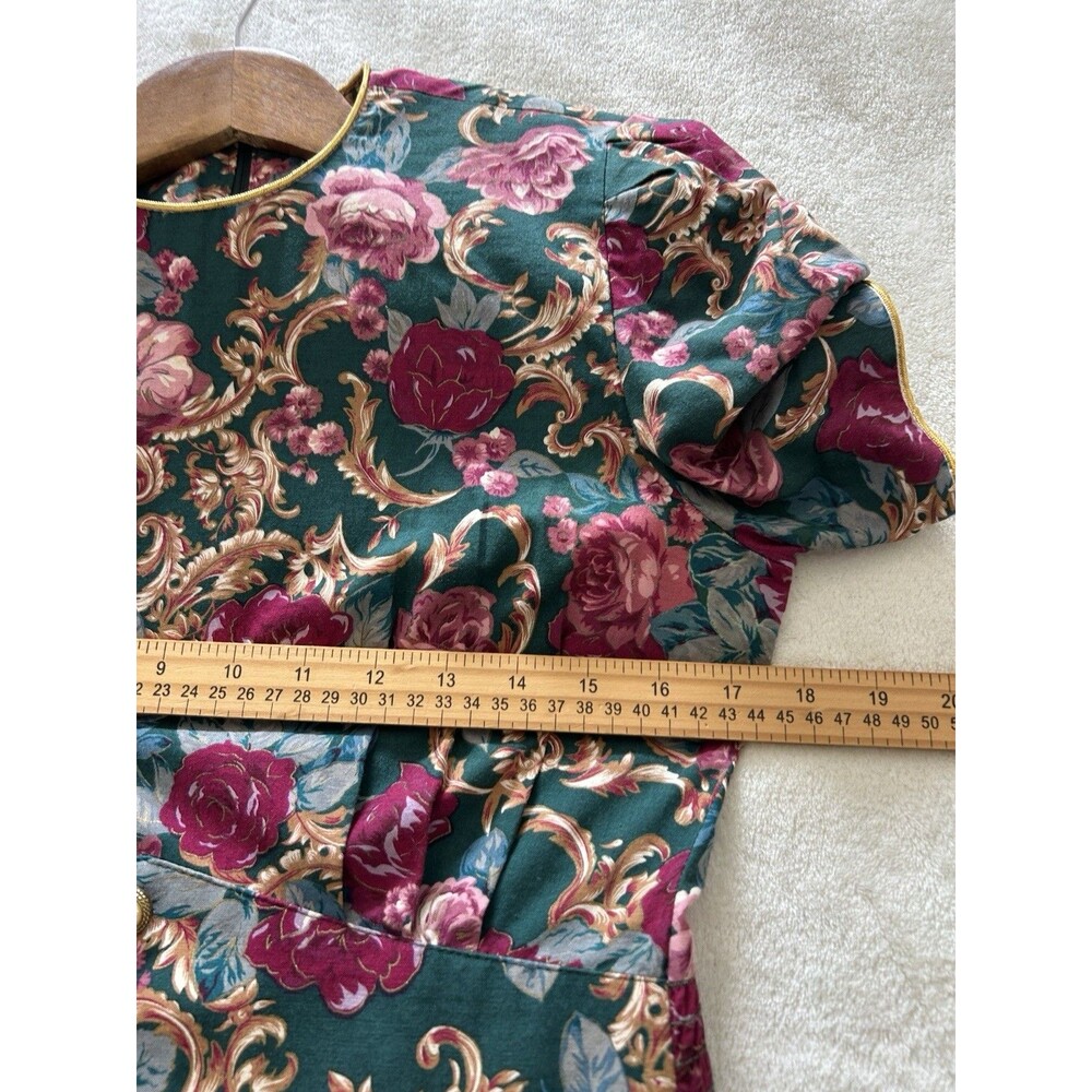 Vintage Romantic Floral Midi Dress Size 6 Green Roses Pearl Buttons 80s Bold - Picture 11 of 14